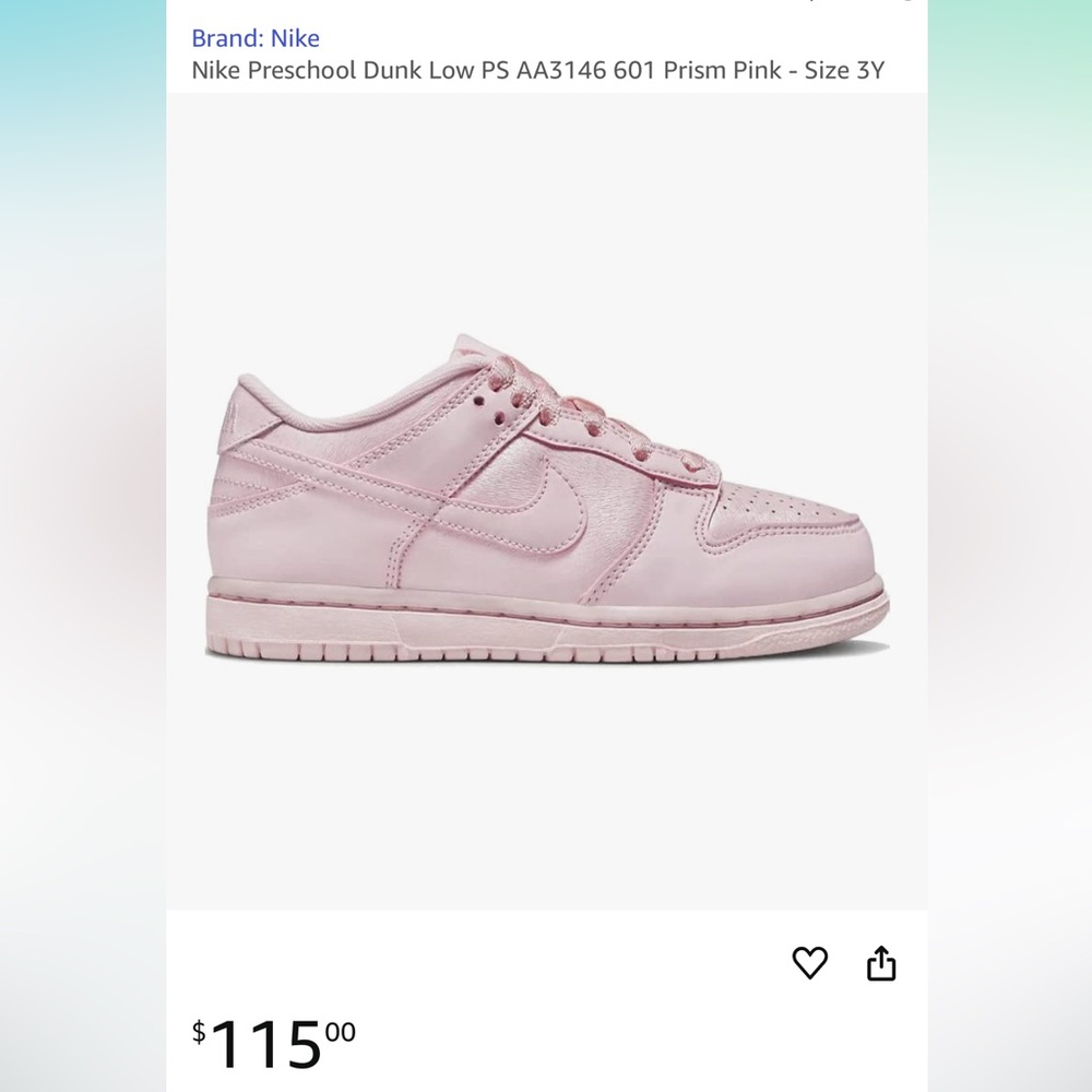 Nike Girls Preschool Dunk Low PS Prism Pink size 2.5Y